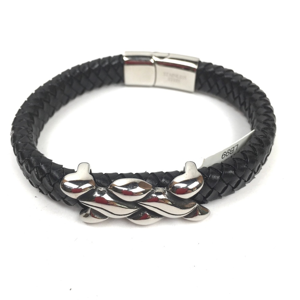 Stainless steel black leather men’s bracelet